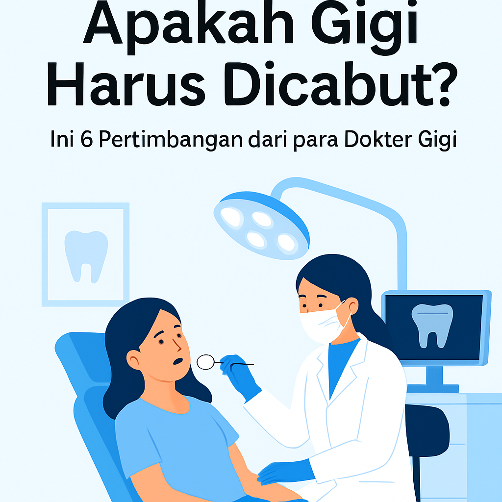 Ilustrasi dokter gigi perempuan memeriksa pasien wanita di kursi gigi, dengan monitor x-ray dan lampu periksa, disertai judl "Apakah Gigi Harus Dicabut? Ini 6 Pertimbangan dari para Dokter Pondok Gigi" dalam gaya flat design minimalis