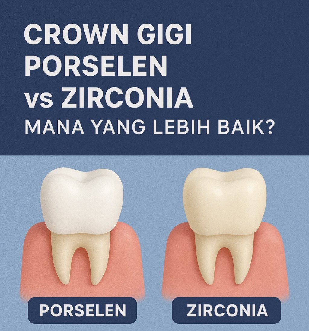 Gambar perbandingan crown gigi porselen dan zirconia dengan ilustrasi ggigi, tabel perbandingan singkat, dan pertanyaan utama "mana yang lebih baik?"
