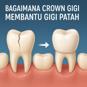 Ilustrasi gigi patah sebelum dan sesudah dipasang crown gigi