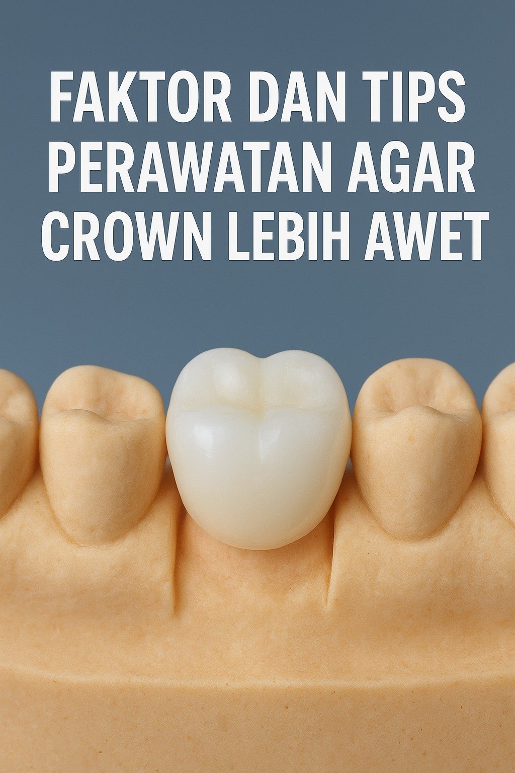 Close up crown gigi porselen yang dipasang pada gigi geraham pasien dengan hasil rapih dan natural