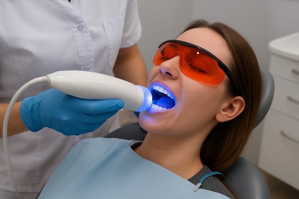 Proses bleaching gigi sedang dilakukan di klinik gigi terbaik dan terdekat jakarta