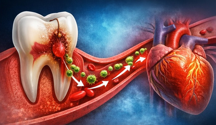 Ilustrasi bakteri dari infeksi gigi berlubang yang masuk ke aliran darah dan menuju jantung, menunjukkan hubungan gigi sakit dengan risiko gangguan jantung.