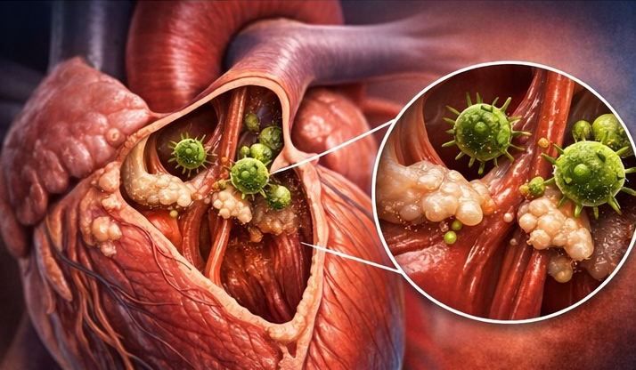 Ilustrasi medis bakteri dari infeksi gigi yang menempel pada katup jantung, menunjukkan risiko endokarditis dan komplikasi jantung akibat infeksi mulut.
