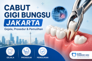 Ilustrasi prosedur cabut gigi bungsu Jakarta menggunakan alat dental profesional, menampilkan gigi bungsu impaksi, proses pencabutan, gejala, prosedur, dan pemulihan setelah tindakan